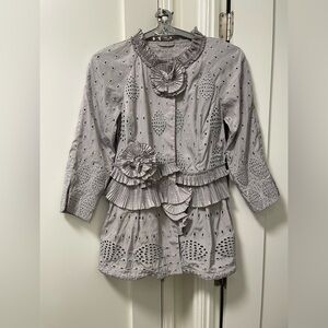 Elegant Grey Ruffled Jacket with Rosettes Accent and Cut-out Pattern